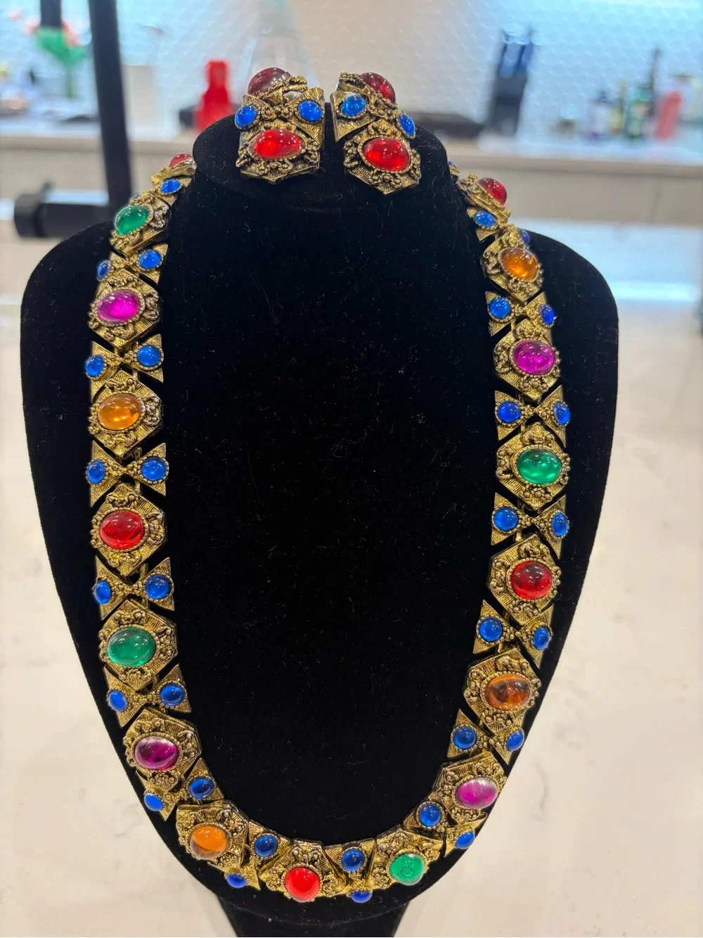 Vintage-Multicolor Stone Necklace and Earring Set - Gold Tone